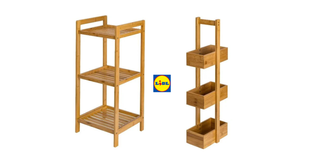 "Estantería auxiliar de madera de Lidl modelo baldas, montada y utilizada como expositor de productos Livarno Home."