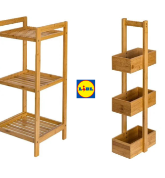 "Estantería auxiliar de madera de Lidl modelo baldas, montada y utilizada como expositor de productos Livarno Home."