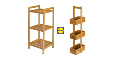 "Estantería auxiliar de madera de Lidl modelo baldas, montada y utilizada como expositor de productos Livarno Home."